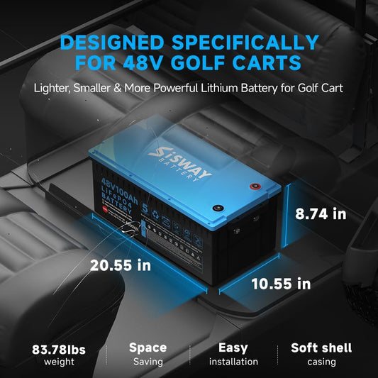 48V 100AH Lithium Golf Cart battery, 4.8kWh LifePo4 battery with 18A charger, built-in smart 200A Bluetooth BMS,4000+ cycles, Lead Acid to Lithium-ion Battery Conversion for Golf carts, RV, Marine, ATV, Sweeping Vehicle