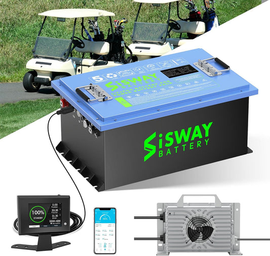 48V 105AH 5376Wh LifePo4 Golf Cart li-ion battery, 48 volt Metal case Huge capacity LFP Lithium iron phosphate battery with 20A charger, Built-in 200A BMS, 4000+ cycles for 10.24KW Power Golf cart,Forklift,RV,marine