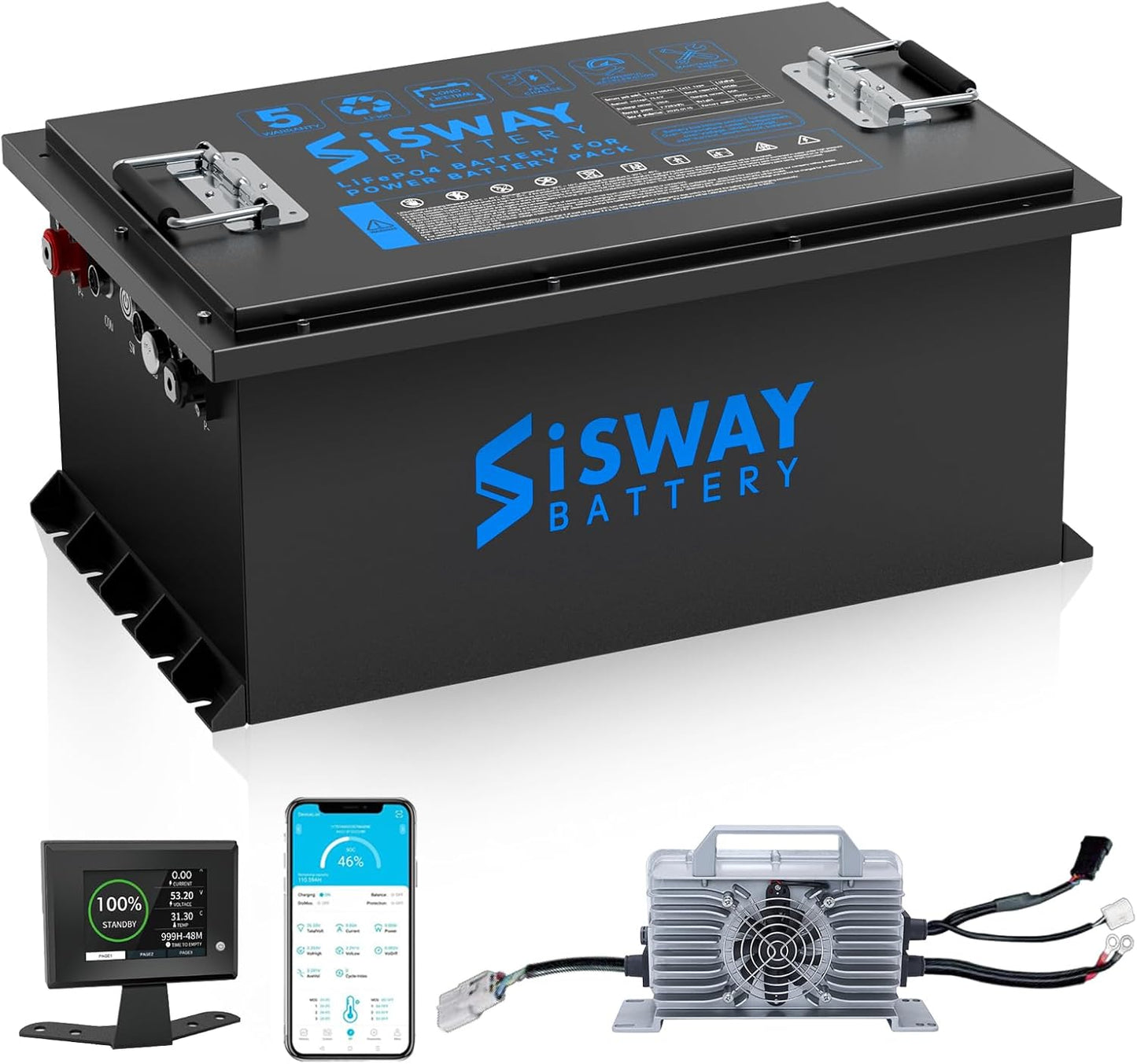 48V 51.2V 105AH Metal Case LifePo4 Golf Cart Li-ion Battery, 5376wh 10.24kw Smart BMS Bluetooth LFP Lithium battery with 20A charger For Golf Carts