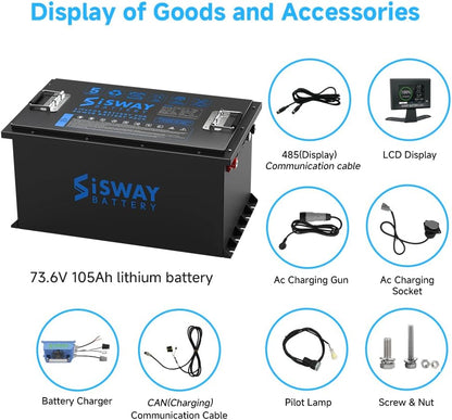 72V(73.6V) 105Ah 7728Wh Golf Cart Lithium Battery with 18A charger Built-in 200A BMS, Touch Monitor, Metal casing 14.72kW Rated Power Bluetooth LiFePO4 battery for Tour LSV ,Electric Tricycle, Motorboats, Cabin Scooter